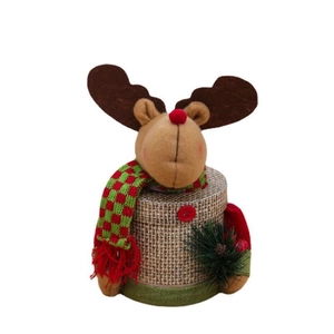Christmas reindeer gift box with brown linen texture and festive red plaid scarf decor