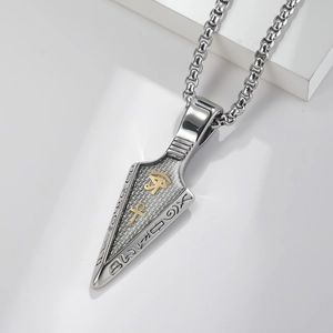 Spearhead necklace for men with Egyptian Eye of Horus and Ankh symbols in silver and gold