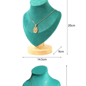 Detailed size view of turquoise velvet necklace bust display with wooden base 20cm height