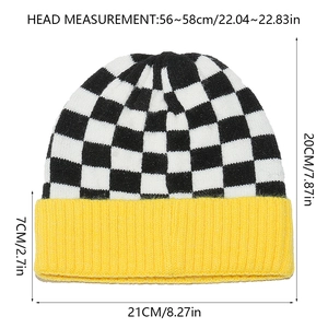 Size guide for a checkered knit beanie with yellow cuff, showing dimensions and fit info