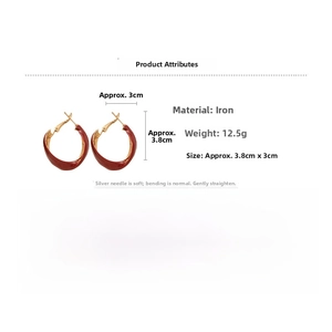 Detailed specs of red enamel twisted hoop earrings with silver pins and iron body