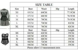 Size chart for French mesh hollow dress and corset set with detailed measurements