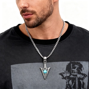 Skull Arrow Pendant Necklace Stainless Steel With Turquoise Blue Stone Vintage Gothic Punk Style For Men Women