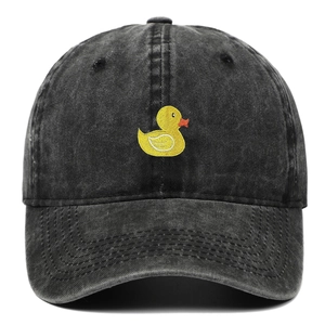 Dark grey washed cotton baseball cap featuring a cute yellow duck embroidery detail