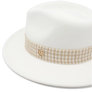 Retro off-white felt fedora with houndstooth ribbon and golden M metal emblem