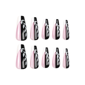Long coffin press on nails with elegant black pink and white leaf art pattern