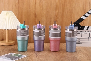 Glitter finish 20oz vacuum insulated stainless steel tumblers with metal straws