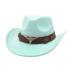 Detail of mint blue cowboy hat featuring a brown leather band and silver bull head emblem