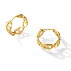 Hoop Earrings 18K Gold Plated Stainless Steel Hollow Anchor Chain Design Hammered Texture Geometric Oval For Women
