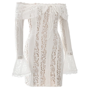 Close-up of white lace dress featuring an off-shoulder neckline and intricate floral patterns