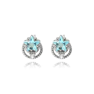 Star and moon stud earrings featuring light blue star gems and silver metal with crystals