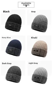 Detail display of knit beanies in six colors with LA&DH logo patch and ribbed texture