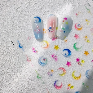 Nail Art Stickers 5D Embossed Adhesive Laser Gradient Holographic Star Moon Clouds Design Dreamy Romantic DIY Manicure Decoration