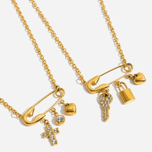 Fashion Stainless Steel Safety Pin Pendant Necklace Gold Plated Zirconia Heart Cross Key Lock Charms Jewelry For Women