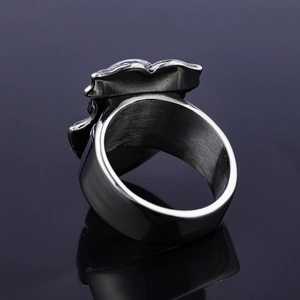 Punk style stainless steel skull biker ring with polished inner band and brushed metal texture