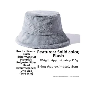 Detail view of grey faux rabbit fur bucket hat showing 8cm brim and soft texture