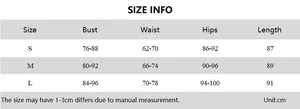 Detailed size measurement chart for backless mesh bodycon dress in S, M, and L sizes