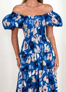 Detail of blue floral puff sleeve dress with off-shoulder smocked bodice and tiered skirt