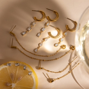 Elegant 18K gold plated stainless steel teardrop rhinestone tassel earrings set