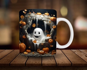 Detailed pattern of a white ghost and pumpkins on a white ceramic Halloween mug