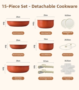 Detailed size chart for 15-piece detachable orange cookware set with pot dimensions