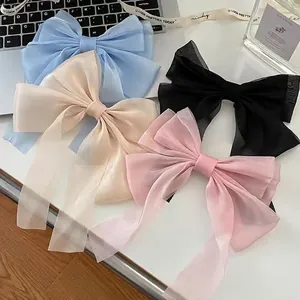 Elegant large organza bow hair clips set in black, blue, pink and beige for women