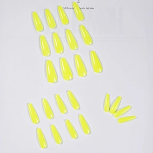 Neon yellow long coffin press-on nails set with glossy finish and 24 pieces