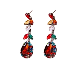 Vintage style pear-cut crystal teardrop earrings with colorful rhinestone fringe accents