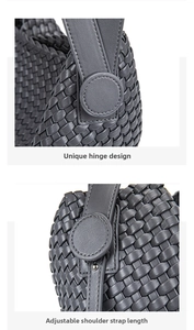 Detail of grey woven PU tote bag with adjustable shoulder strap and metal joint
