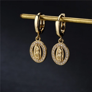 Virgin Mary Oval Pendant Hoop Earrings Copper Micro Pave Zircon Religious Vintage Style Jewelry For Women