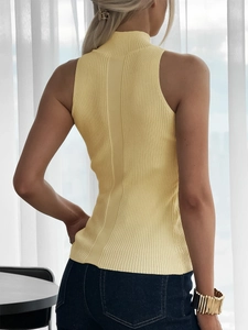 Slim fit light yellow ribbed knit vest with mock neck for women, back view perspective