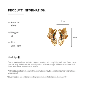 Detailed view of gold butterfly earrings with size metrics and alloy specifications