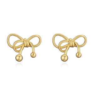 Elegant gold bow earrings with polished mirror finish and 3D ribbon design on white background