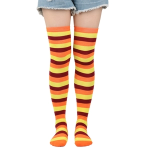 Women's thigh high striped socks in yellow orange and burgundy over knee style
