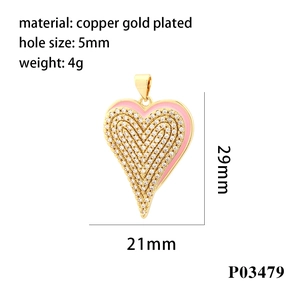 Detailed specs of heart charm pendant in gold plated copper with 5mm hole diameter