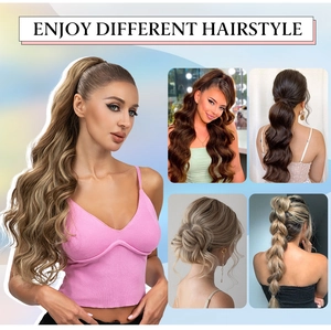 Multiple styling options for water wave drawstring ponytail extension shown on model