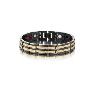 Detailed view of wheat-ear patterned links and therapy magnets on men's titanium bracelet