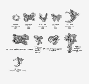 Dimensions et poids détaillés des breloques en strass argenté pour la décoration d'ongles