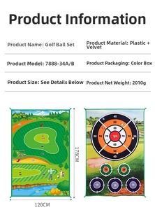 Dimensiones detalladas del set de alfombra de golf infantil con dianas y texturas