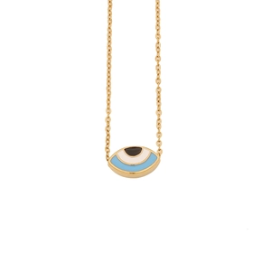 Golden stainless steel necklace featuring a blue evil eye enamel pendant on white background