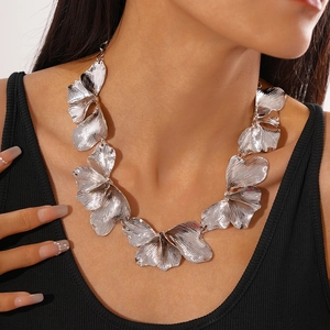 Metallic silver petal collar necklace with textured gingko leaf design for women