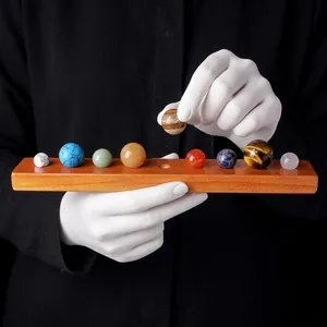 Solar System Planets Natural Crystal Sphere Set With Wooden Base Desktop Ornament Mineral Gemstones Model Science Education Decor