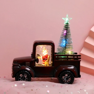 Red vintage Christmas truck ornament with LED lights and Santa miniature display