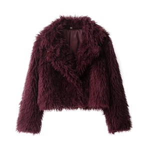 Fashionable burgundy faux fur short jacket with a soft shaggy texture on white background