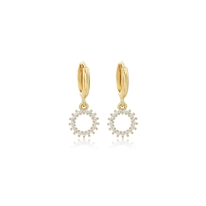 Detailed close-up of gold hoop earrings featuring a sparkling circular halo pendant