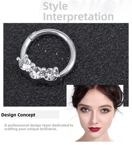 Close-up of silver seamless nose ring with three clear zircons shown on a model