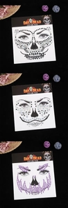 Three designs of Day of the Dead face jewels with rhinestones for costume decoration