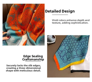 Gros plan d'un foulard en soie aux motifs floraux bleu et orange et coutures fines