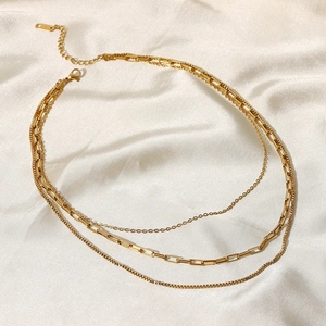 Three-layer 18K gold plated stainless steel necklace featuring paperclip and box chains