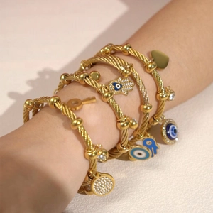 Turkish Evil Eye and Hamsa Hand stretch gold-plated stainless steel wire bracelet set
